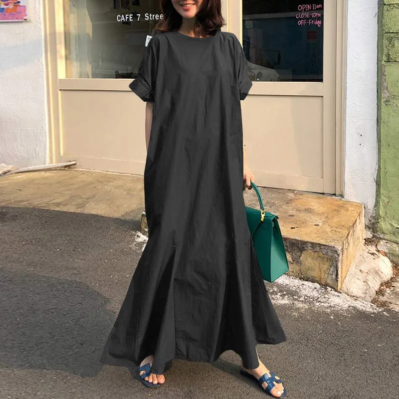 ZANZEA Women's Summer Sundress Elegant Short Sleeve Loose Plain Cotton Long Maxi Dress Casual Ruffle Vestido Robe Femme Oversize