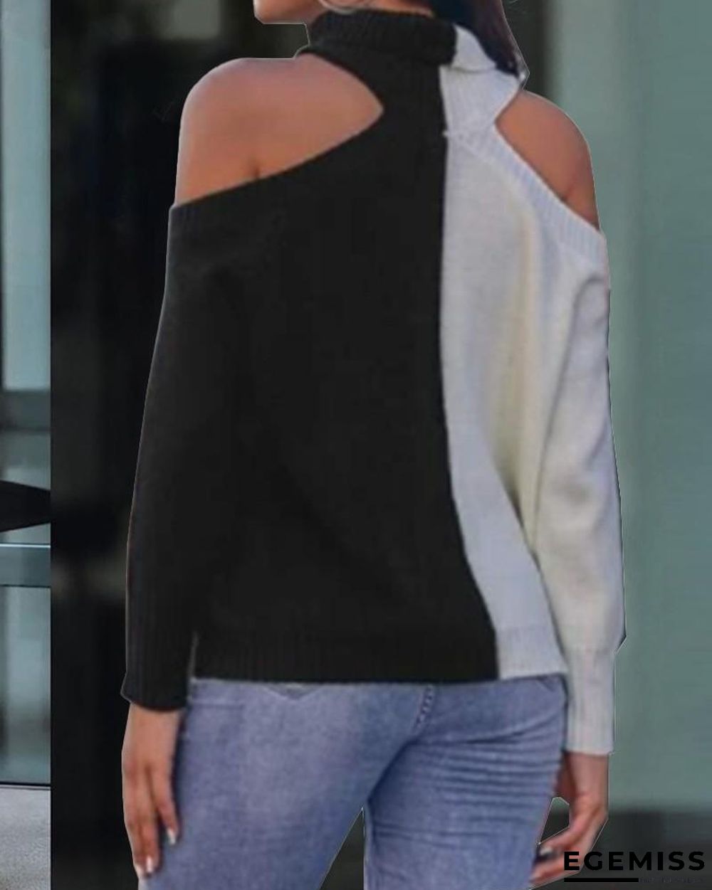 Colorblock Cold Shoulder Turtleneck Sweater | EGEMISS