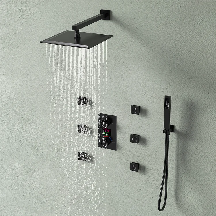 SFS-1014-BK12 EVERSTEIN Wall mounted constant temperature shower faucet with LCD display rainwater shower system, equipped with 6 massage nozzles and hand-held spray