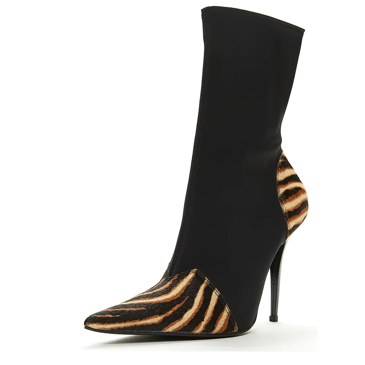 Black Vegan Suede Pointy Toe Zebra Print Stiletto Heel Ankle Boots |FSJ Shoes