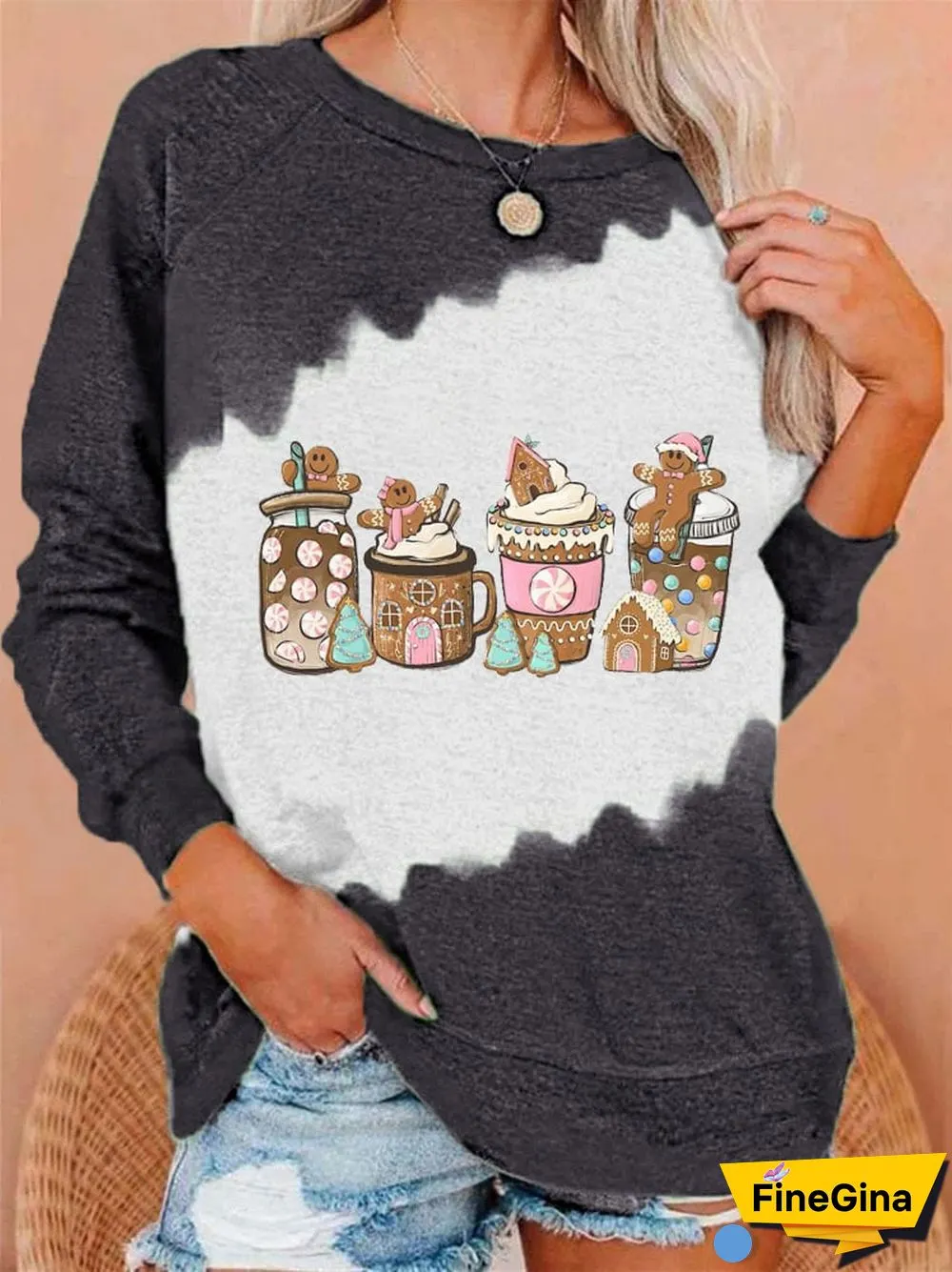 Women's Gingerbread Christmas Coffee Printed Round Neck Long Sleeve Sweatshirt