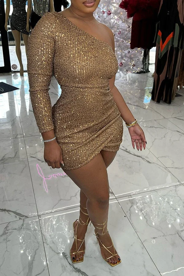 Sequined One Shoulder Glittery Ruched Mini Dress