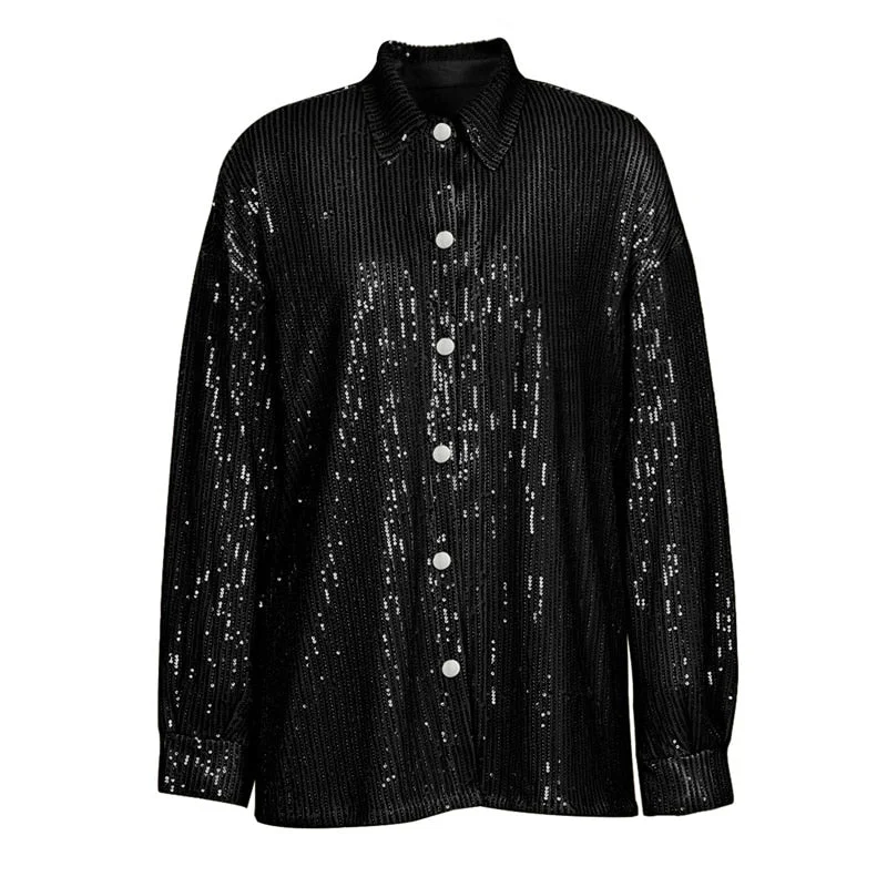 Jacuqeline 2022 Sequins Sexy Tops Blouse And Pants Y2K Women Clothes Long Sleeve V Neck Button Blouses Shirts Elegant Party Club