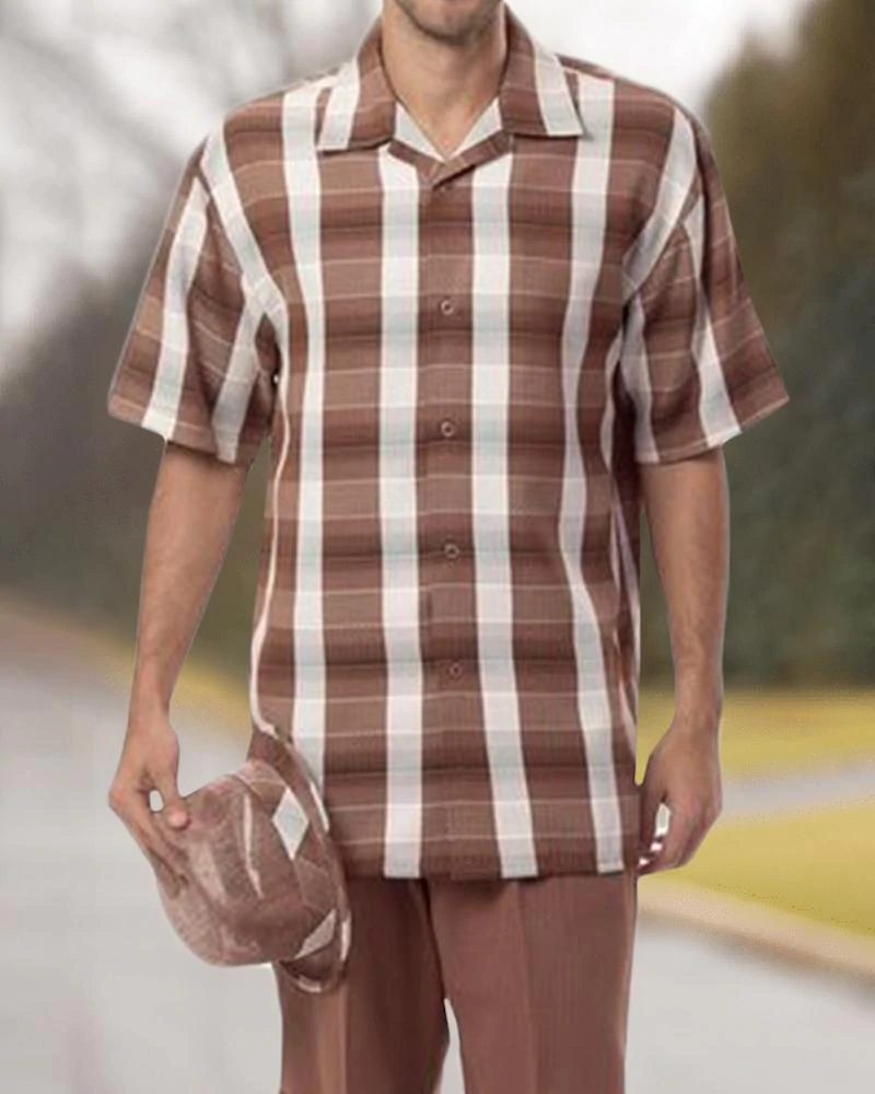 Short Sleeve Print Walking Two Piece Suit Set With Long Pants