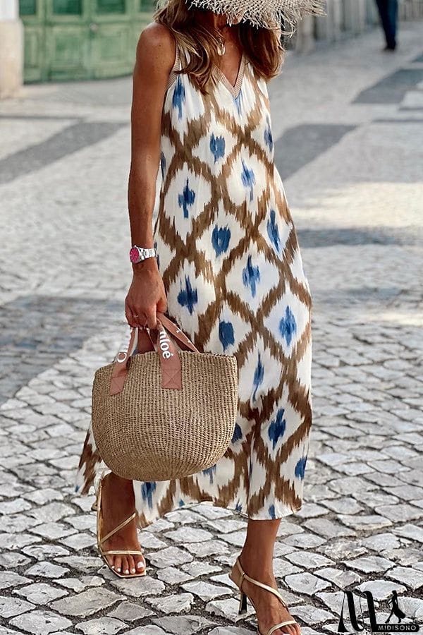 MidiSono - Irregular Print Elastic Waist V Neck Slit Maxi Dress