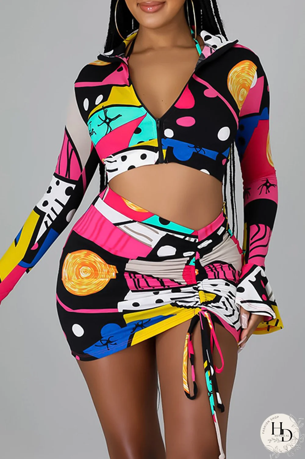 Pink Sexy Print Split Joint Halter Long Sleeve Two Pieces