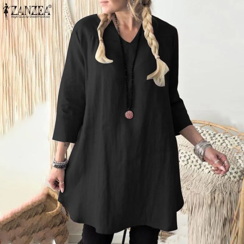 ZANZEA Women Elegant Blouse Summer V Neck 3/4 Sleeve Solid Tops Tunic Casual Cotton Linen Work Blusas Femininas Shirt Oversized