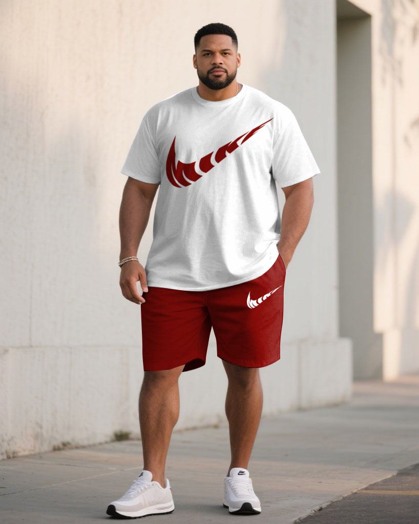 Big & Tall Men Grey & Red & Blue & Green & Khaki & Pink Casual Sports Chest Large Logo Printed Crew Neck Short Sleeve T-Shirt Shorts Suit