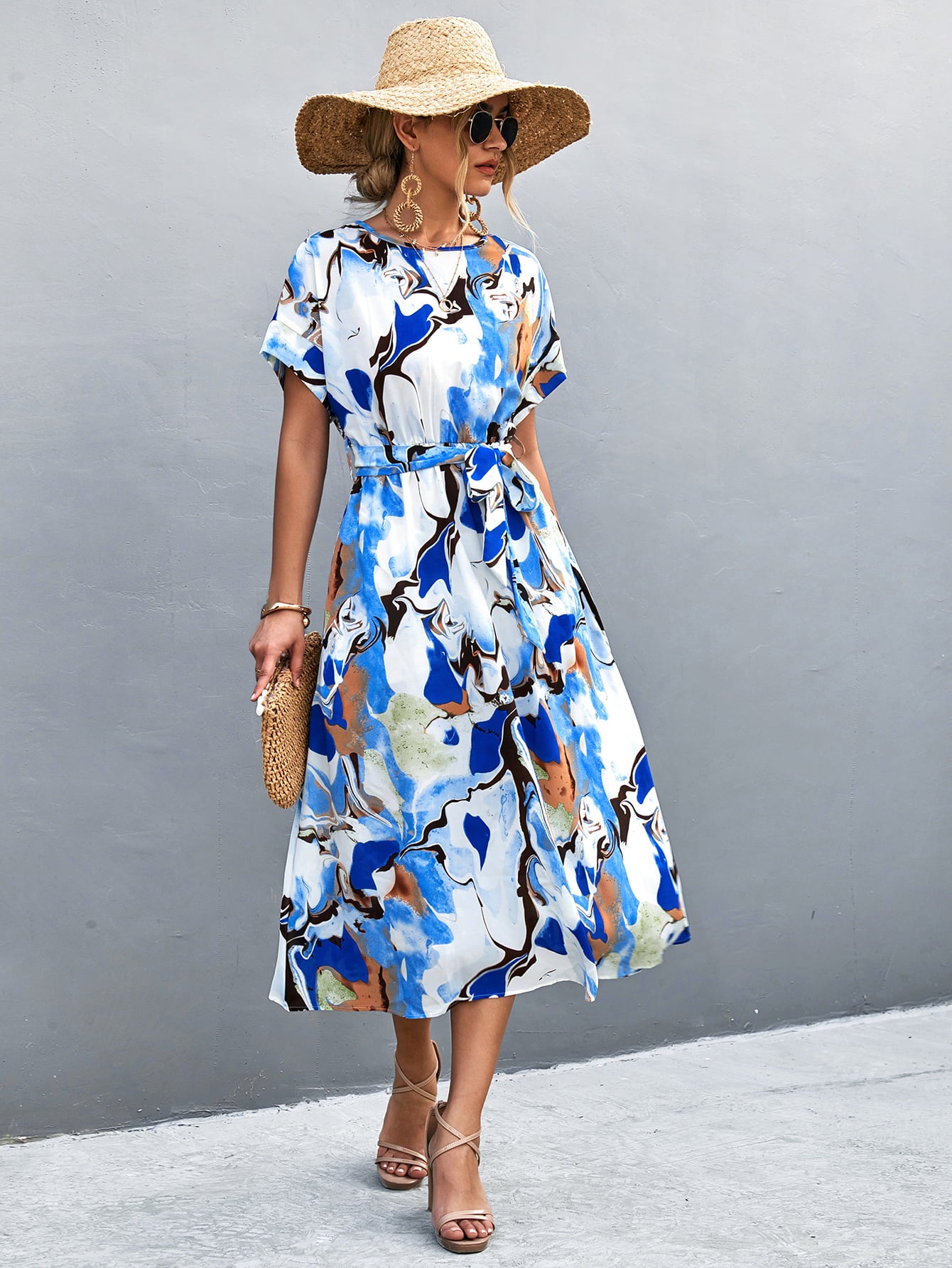 LLYGE Round Neck Short Sleeve Tie Waist Midi Dress llyge