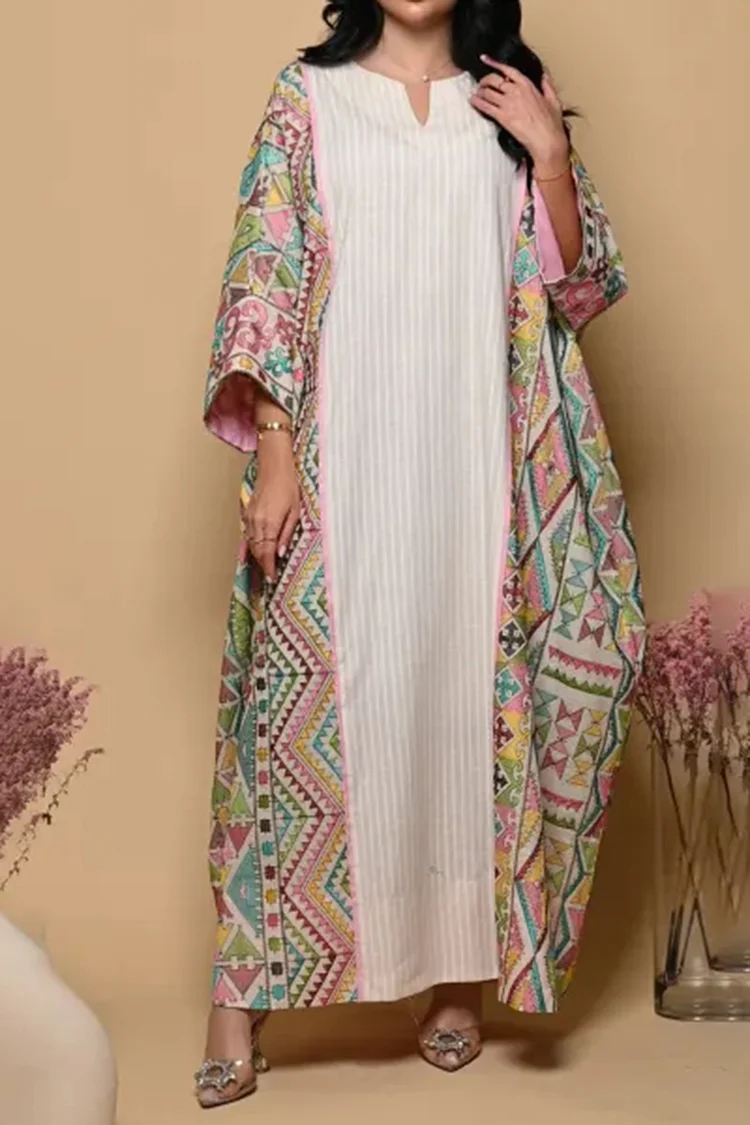 Multicolor Tribal Print V Neck Long Sleeve Patchwork Loose-Fit Maxi Dresses