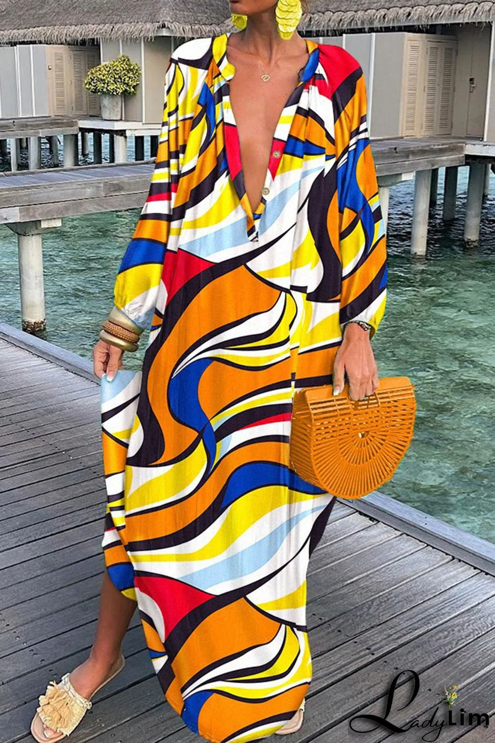 Yellow Fashion Sexy Print Patchwork V Neck Straight Dresses