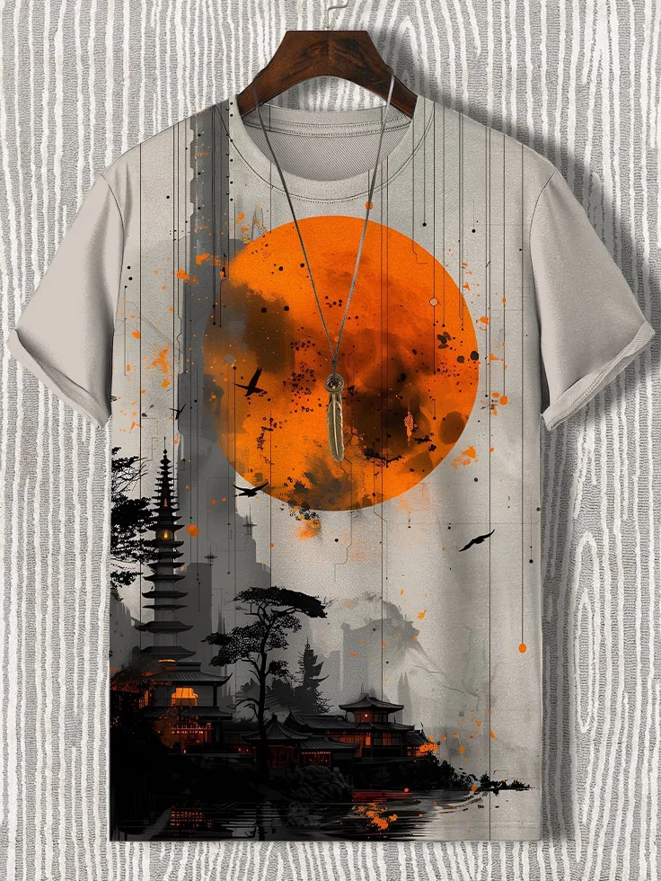 Men's Retro Japanese Sunset Art Print Casual T-Shirt