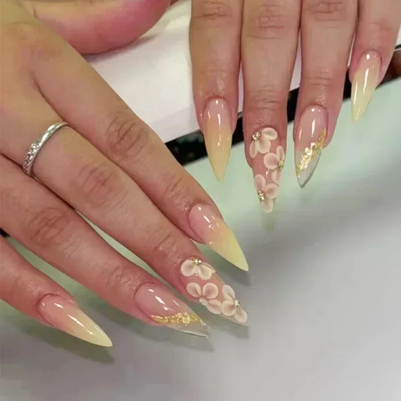 Lidudu French Press on Fake Nails with Flowers Designs Summer Blue Short Almond False Nails Wearable French Full Cover Press on Nails