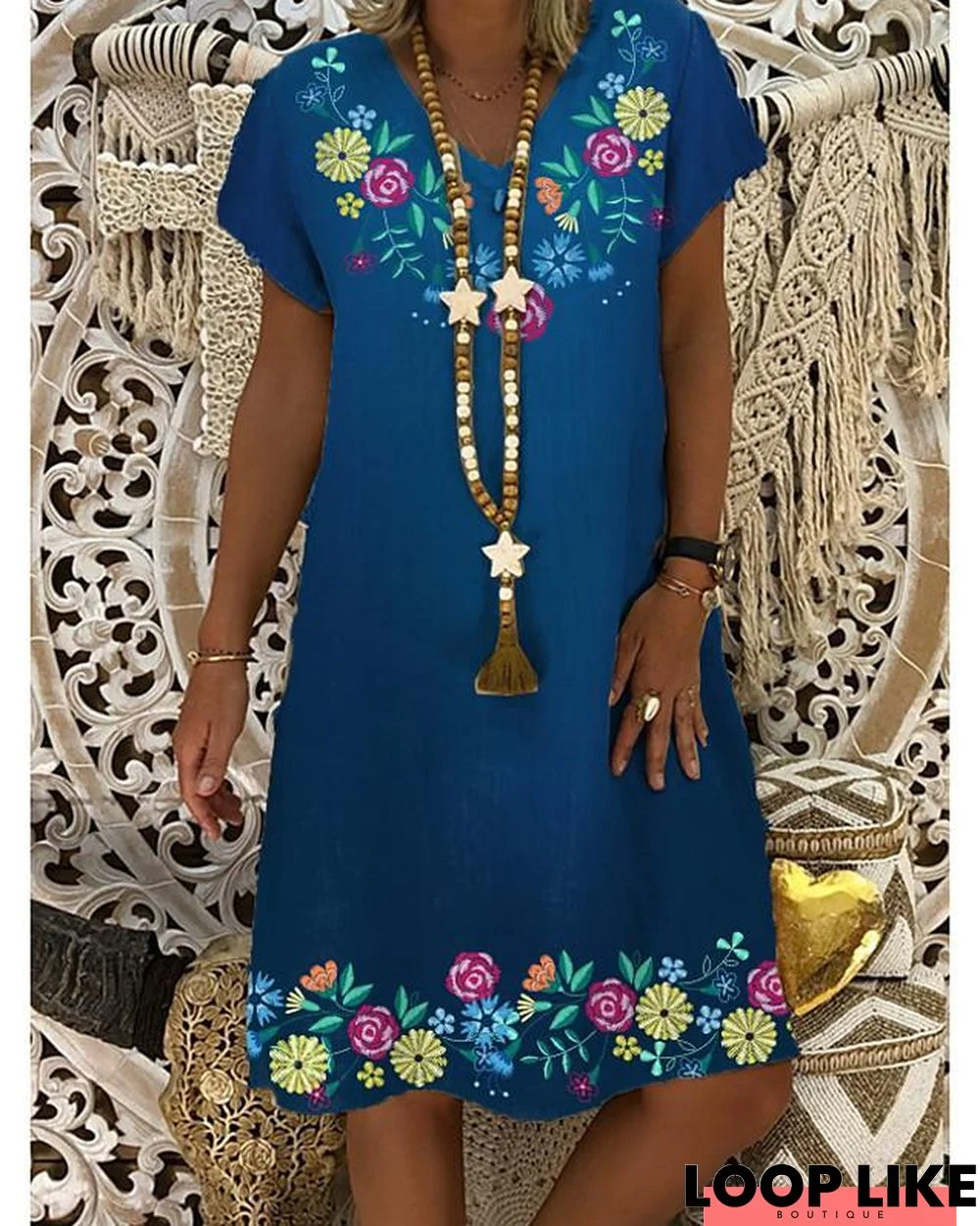 Women's Denim Dress Knee Length Dress - Short Sleeve Floral Print Summer V Neck Hot Casual Blue