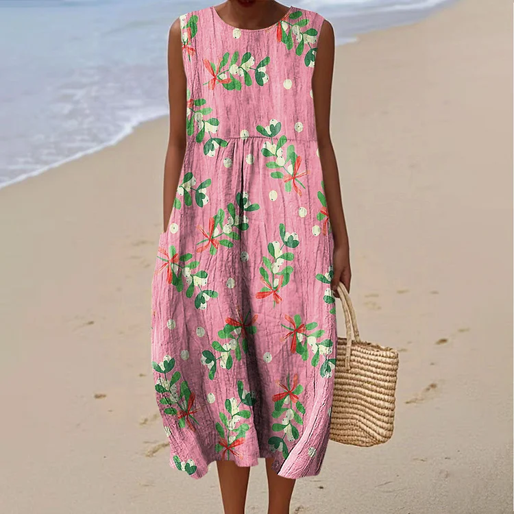 Women's Vintage Flower Art Print Sleeveless Cotton Pocket Wrap Dress