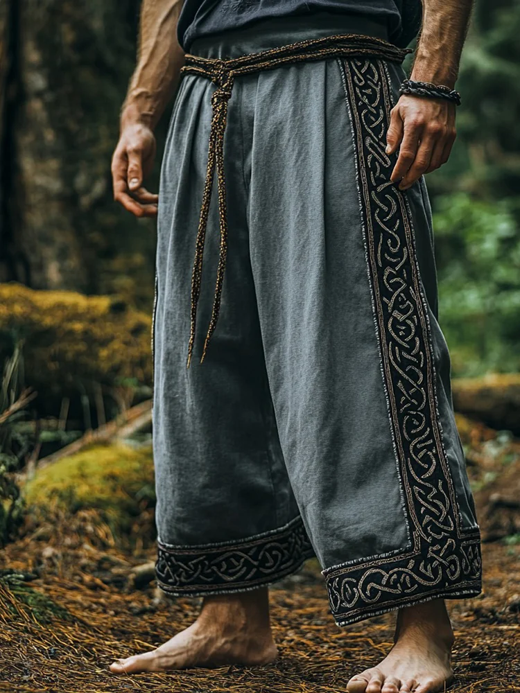 Tribal Viking Celtic Embroidery Art Linen Long Loose Wide-leg Pants