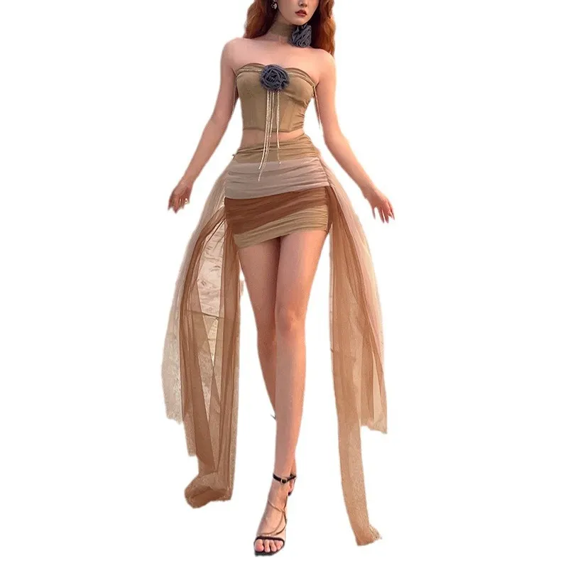 Uveng 2024 Summer New Women's Three-Dimensional Flower Decoration Wrapped Chest Umbilly Vest Mesh Half-Dress Skirt