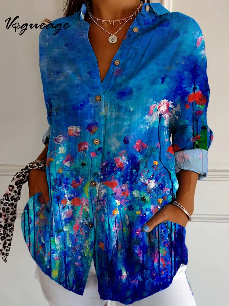 Fashion Dreamy Blue Painted Plants Printed Cotton And Linen Shirt