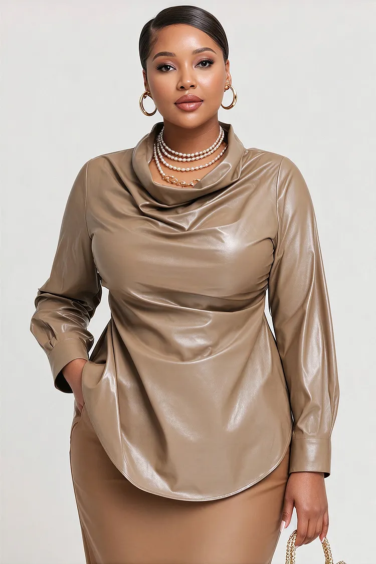 Xpluswear Design Plus Size Business Casual Khaki Cowl Neck Long Sleeve PU Leather Blouses [Pre-Order] 2024 - Xpluswear