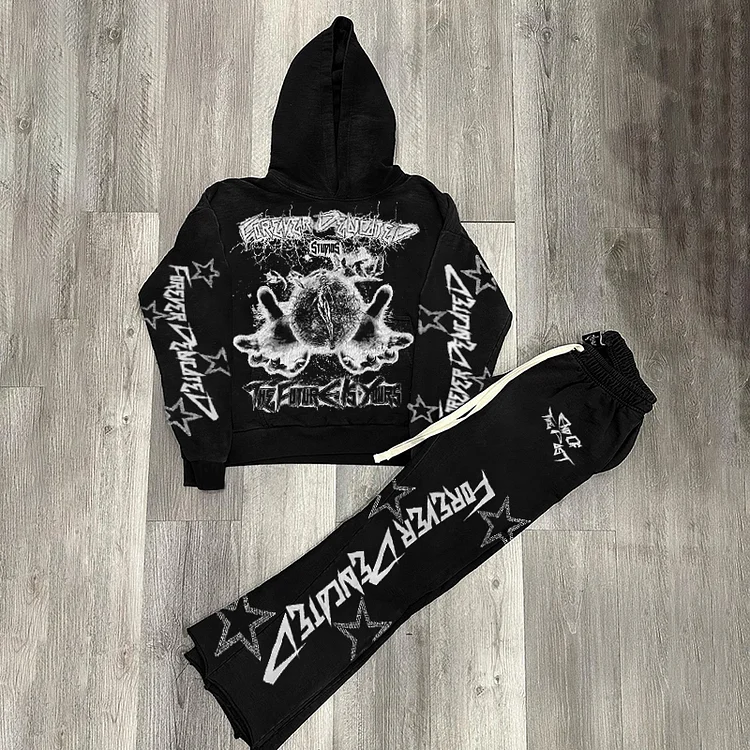 Hellstar The Future Is Yours Hip-Hop Hoodie & Flares Sweatpants Two Piece Set