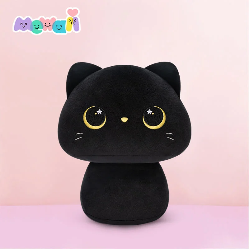 MeWaii® Mushroom Family New Upgraded Black Kitten with Moon Eyes Kawaii Plush Pillow Squish Toy