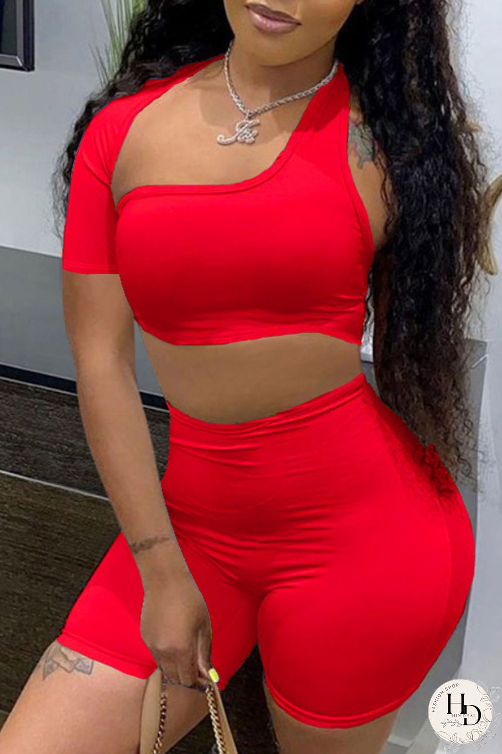 Blue Sexy Solid Hollowed Out Asymmetrical Collar Short Sleeve Two Pieces