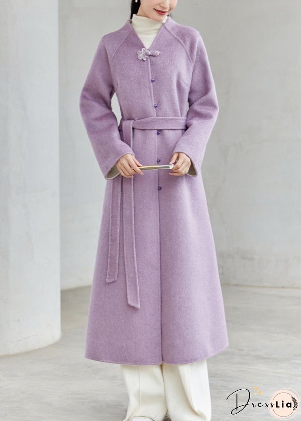 New Chinese Style Purple V Neck Button Patchwork Loose Woolen Coats Winter