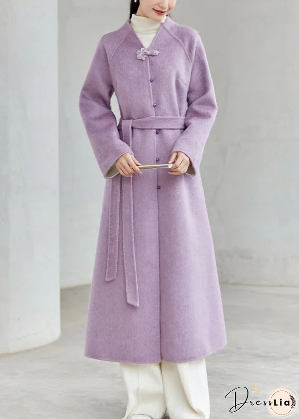 New Chinese Style Purple V Neck Button Patchwork Loose Woolen Coats Winter