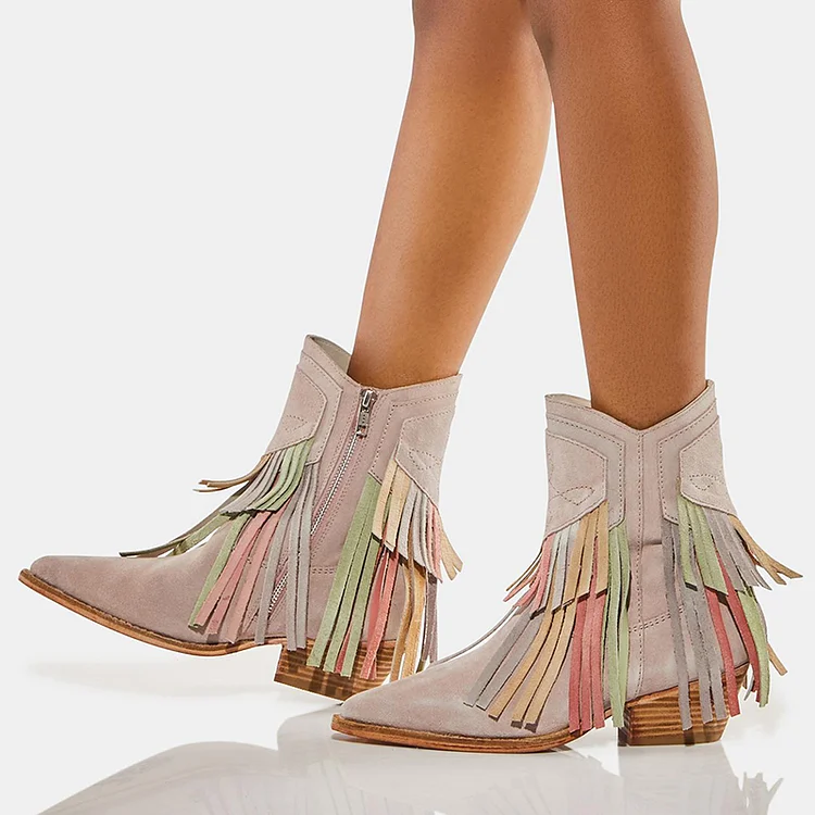 Multicolor Fringe Booties Pointed Toe Block Heel Cowgirl Boots |FSJ Shoes