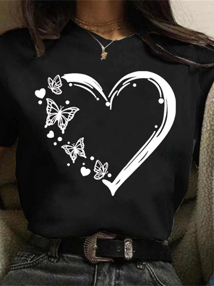 New Butterfly Love Heart Printed Women T-shirt Summer Girl Casual Harajuku Y2K Female Tops Tees Camisetas Mujer