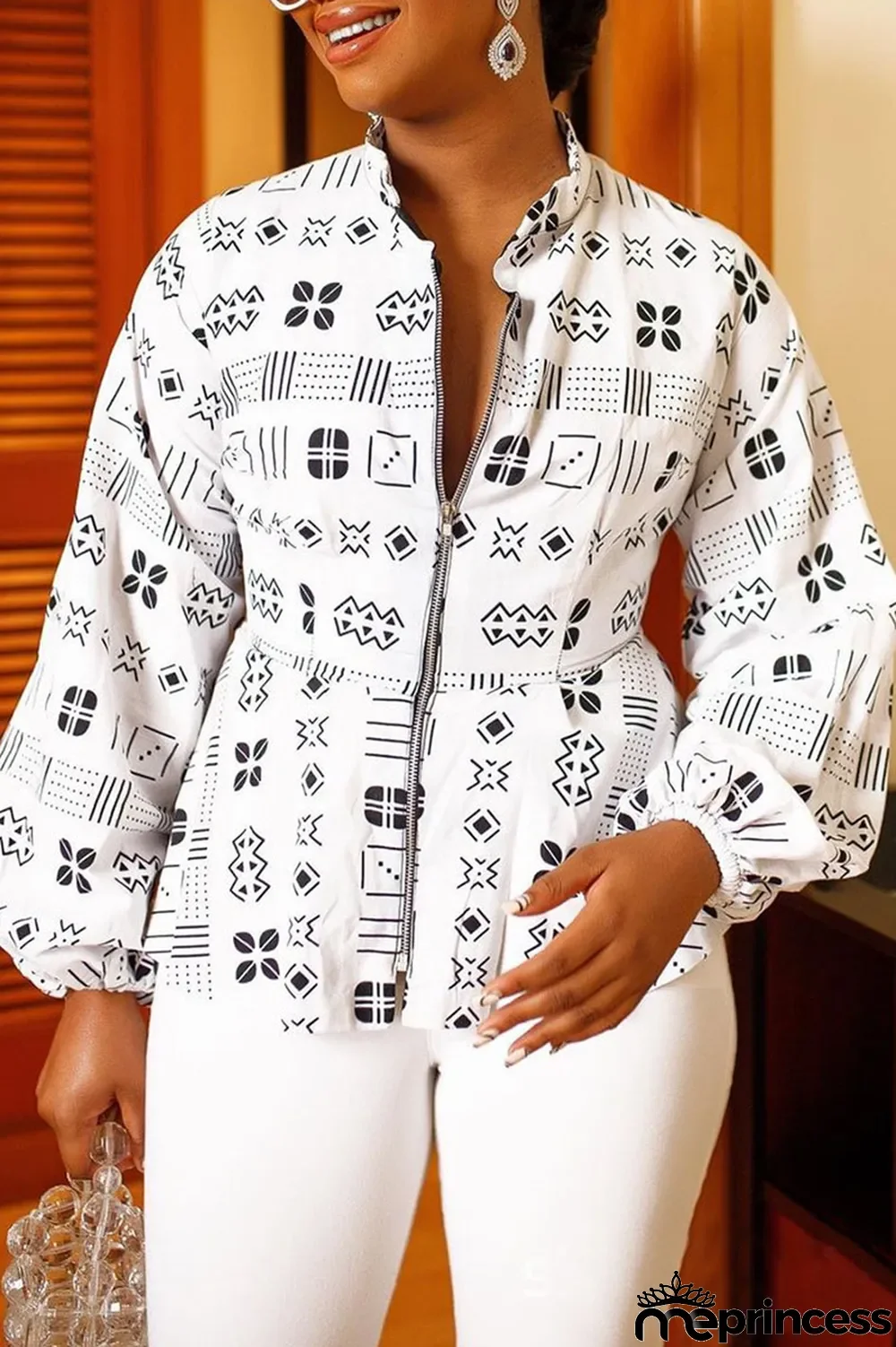 White Casual Print Patchwork Zipper Outerwear