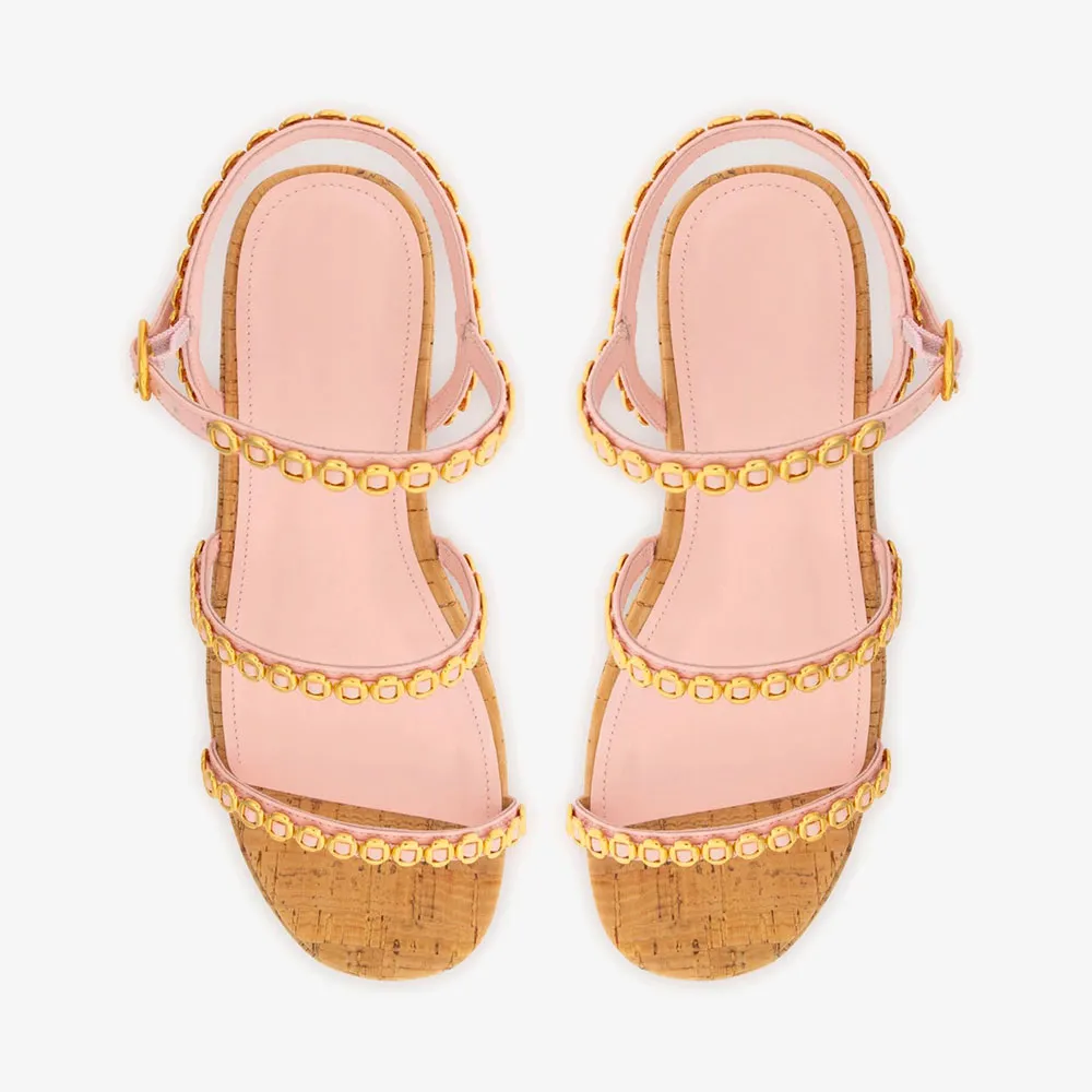 Open-Toe Gold Accent Platform Wedge Sandals for Women in Pink