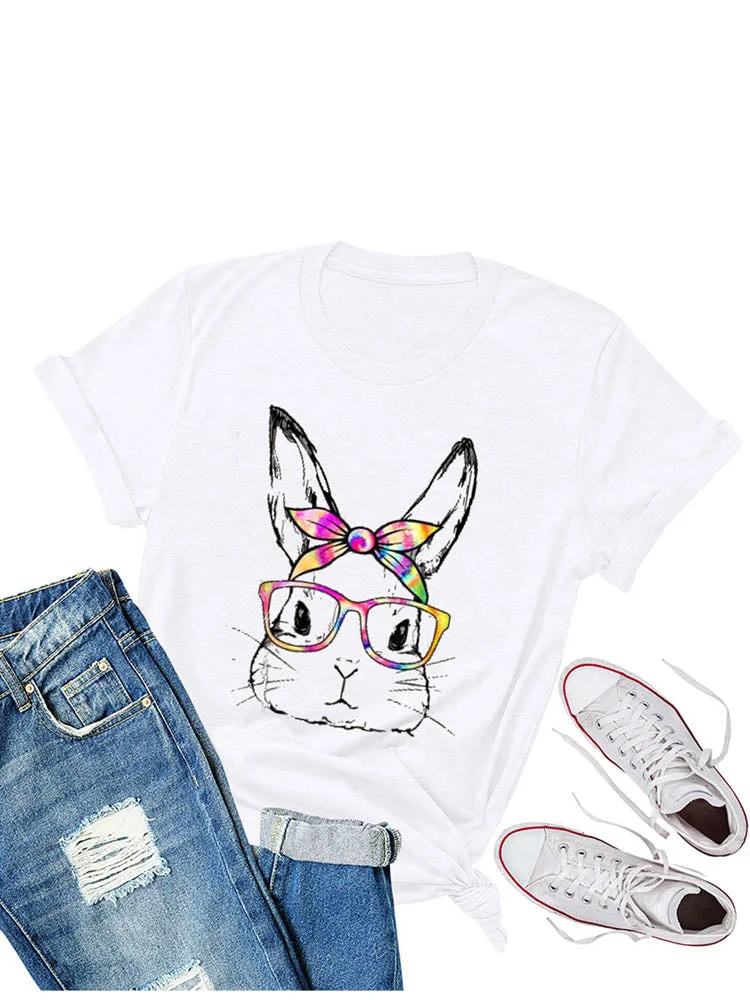 Womens Bunny Face Glasses Easter Day T-Shirt-elleschic