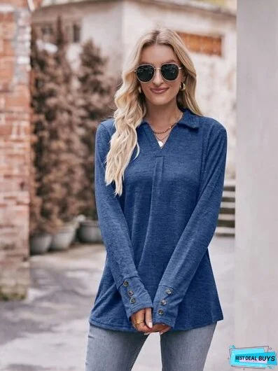 Decorative Button Johnny Collar Long Sleeve Blouse