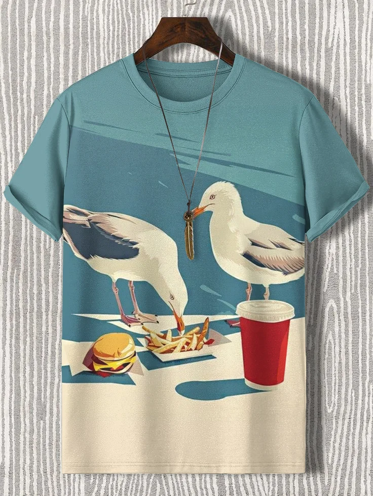 Men's Seagulls Eat Chips Art Print Casual T-Shirt