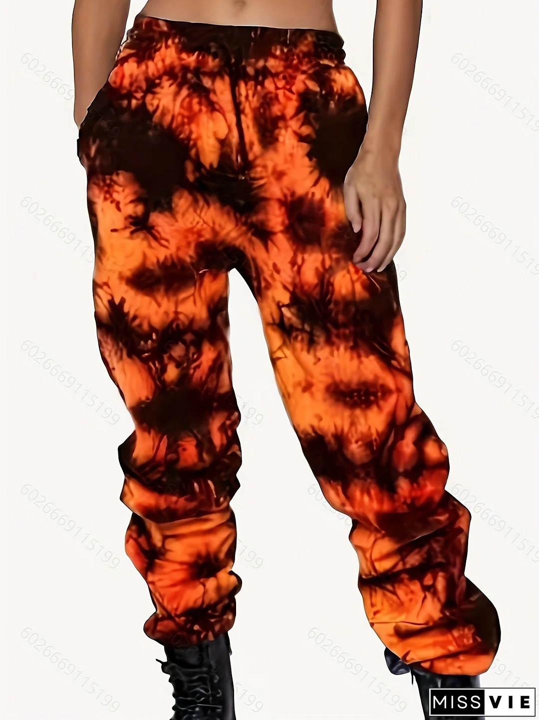 Plus Size Casual Pants, Women's Plus Tie Dye High Waist Harem Drawstring Pants With Pockets