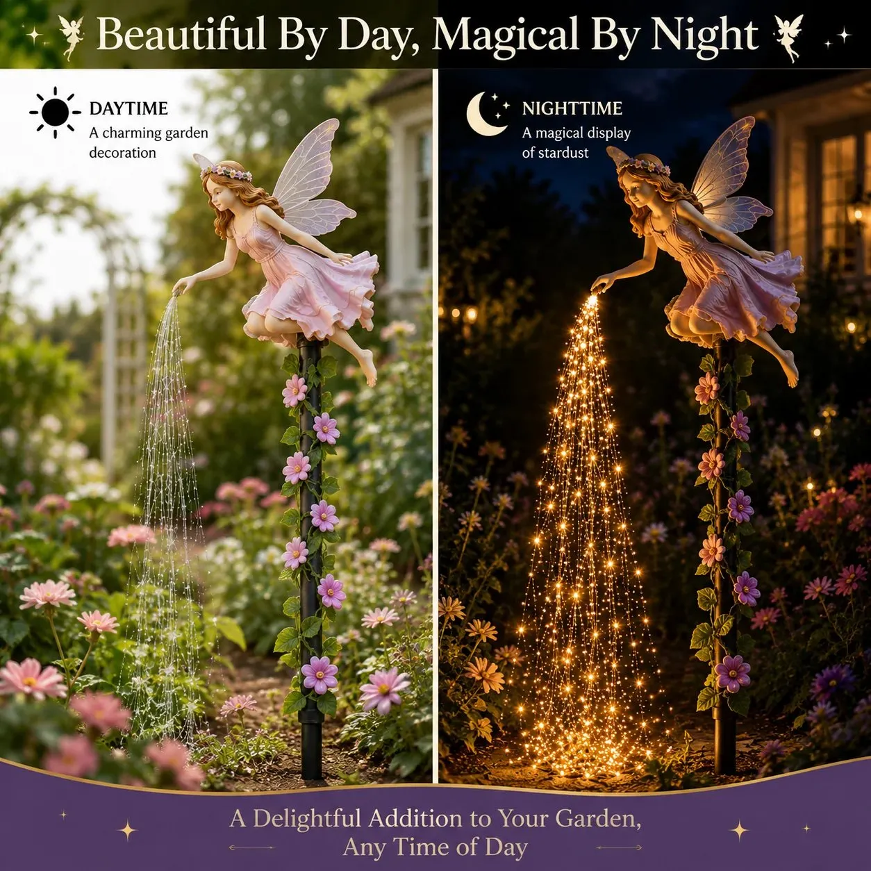 Fairy garden decoration by day and illuminated at night
