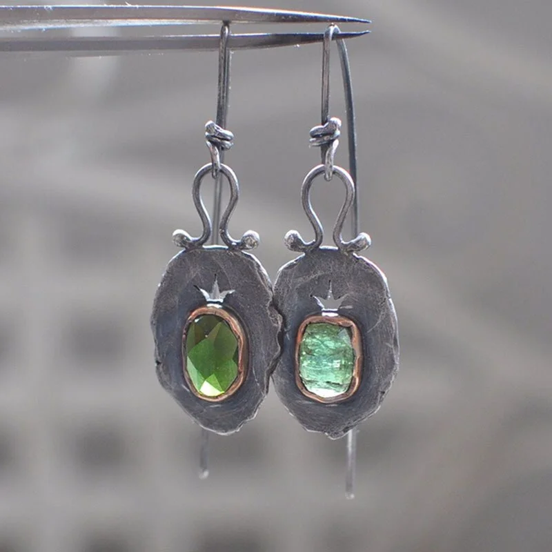 Antique Tribal Green Stone Inlaid Ear Dangle Earrings Vintage Boho Jewelry Metal Pendant Wedding Party Earrings