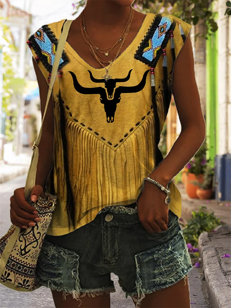 Western horn vintage distressed leather tassel print V-neck Tank Top