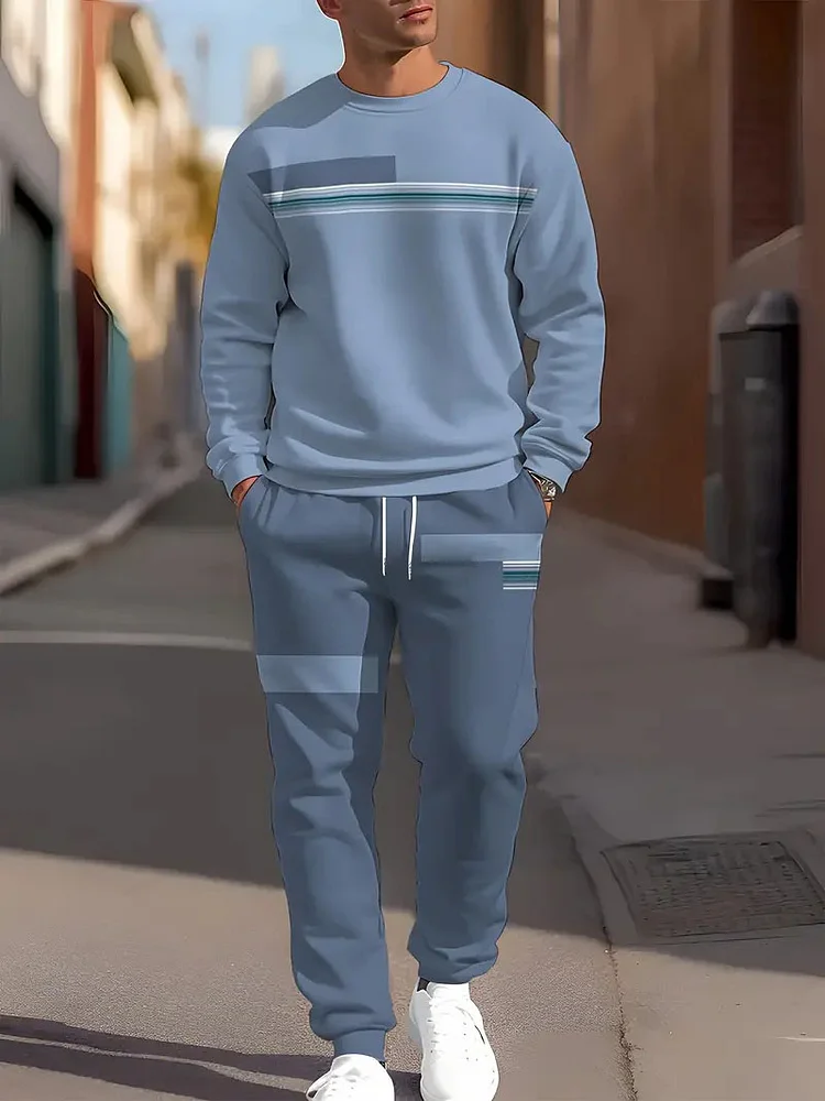 Men's Simple Blue Grey Stripe Print Round Neck Sweatshirt Two-piece Set