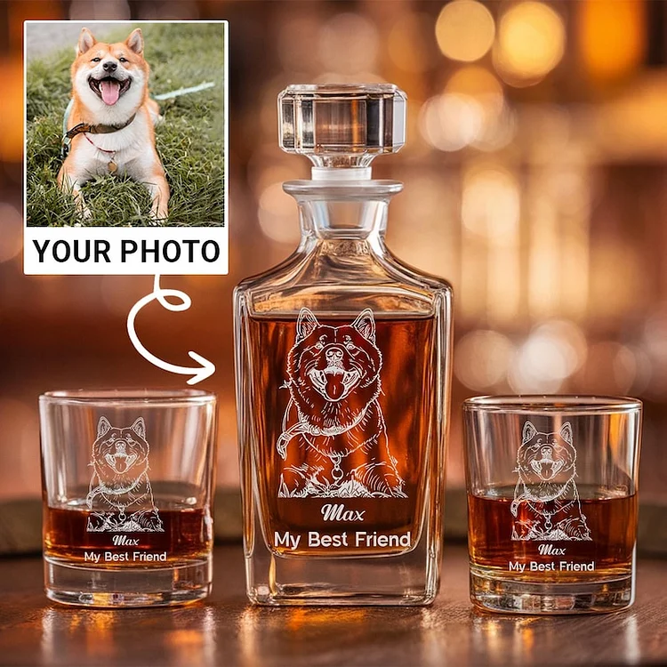 Custom Photo Pet Whiskey Decanter Set With Glasses, Gift For Dog Lovers