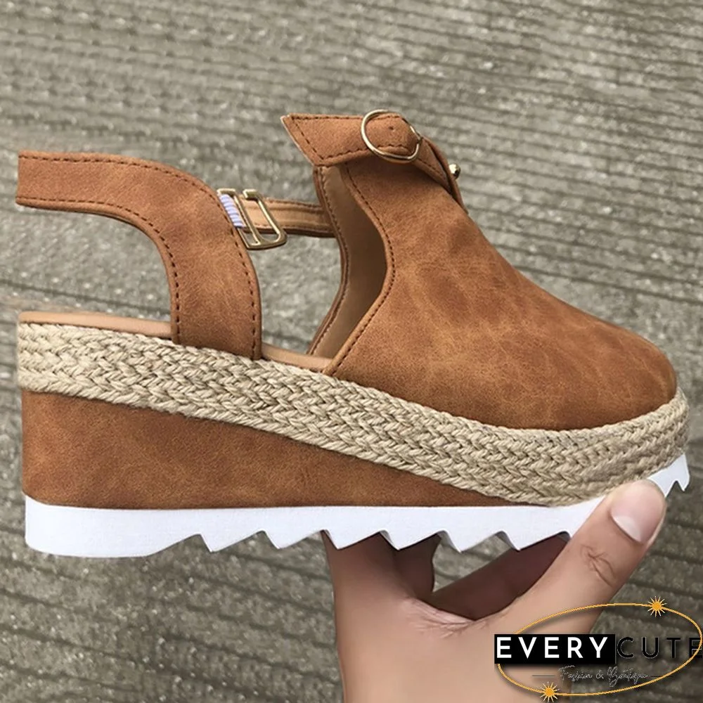 Summer Womens Sweet High Heel Wedge Platform Sandals Metal Button Shoes