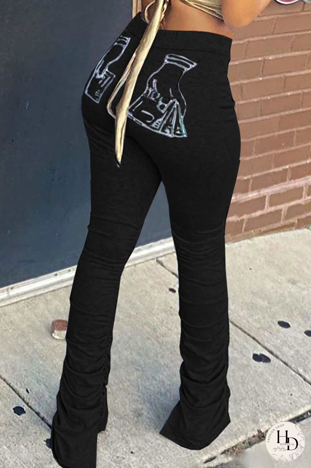 Black Casual Print Fold Boot Cut Bottoms