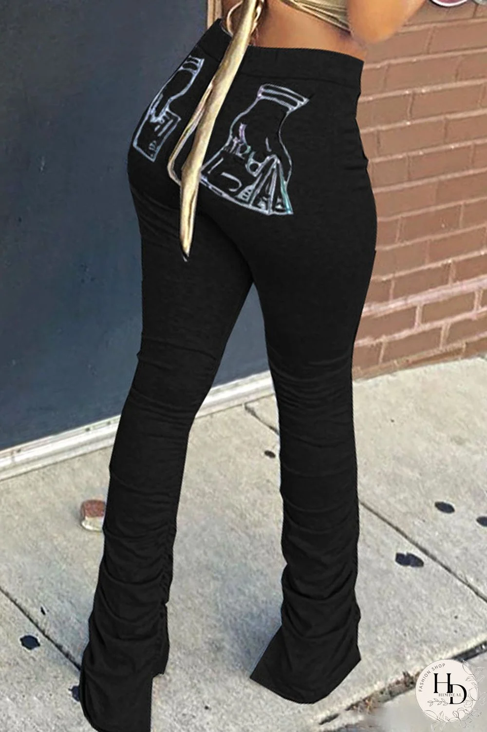 Black Casual Print Fold Boot Cut Bottoms