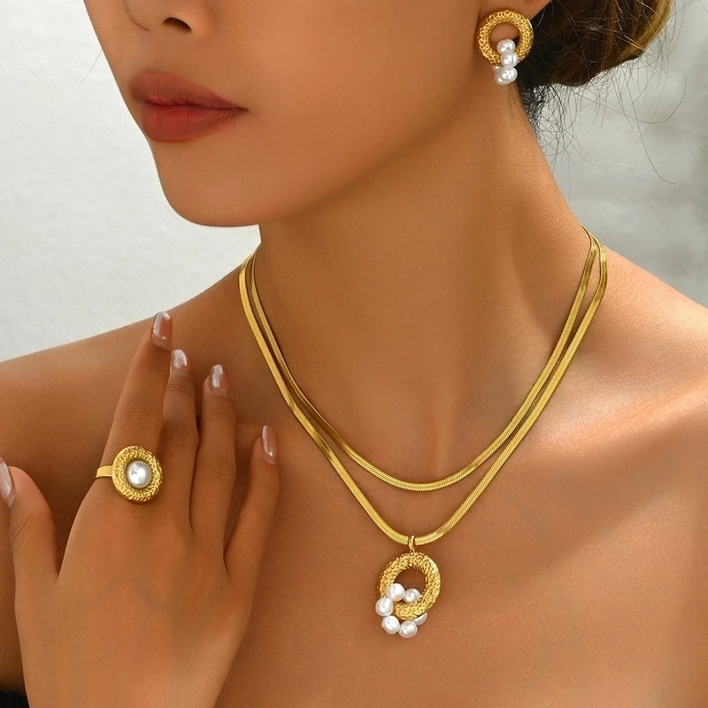 Elegant French Style Geometric 201 Stainless Steel Pearl 18K Gold Plated Inlay Stainless Steel Jewelry Sets