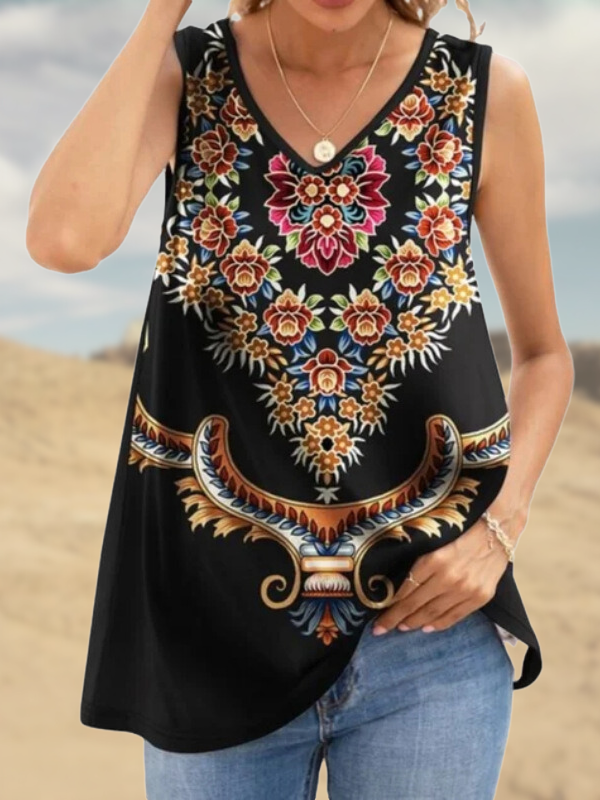 Women's Tribal Tanks V-Neck Sleeveless Bohemian Floral Print Tank Top