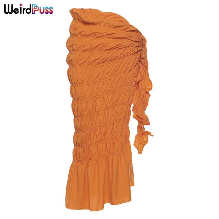 Weird Puss Pleated Bandage Mid Skirt Women Sexy Oversized Elastic Side Split Summer Party Vacation Clubwear Beach Style Outfits