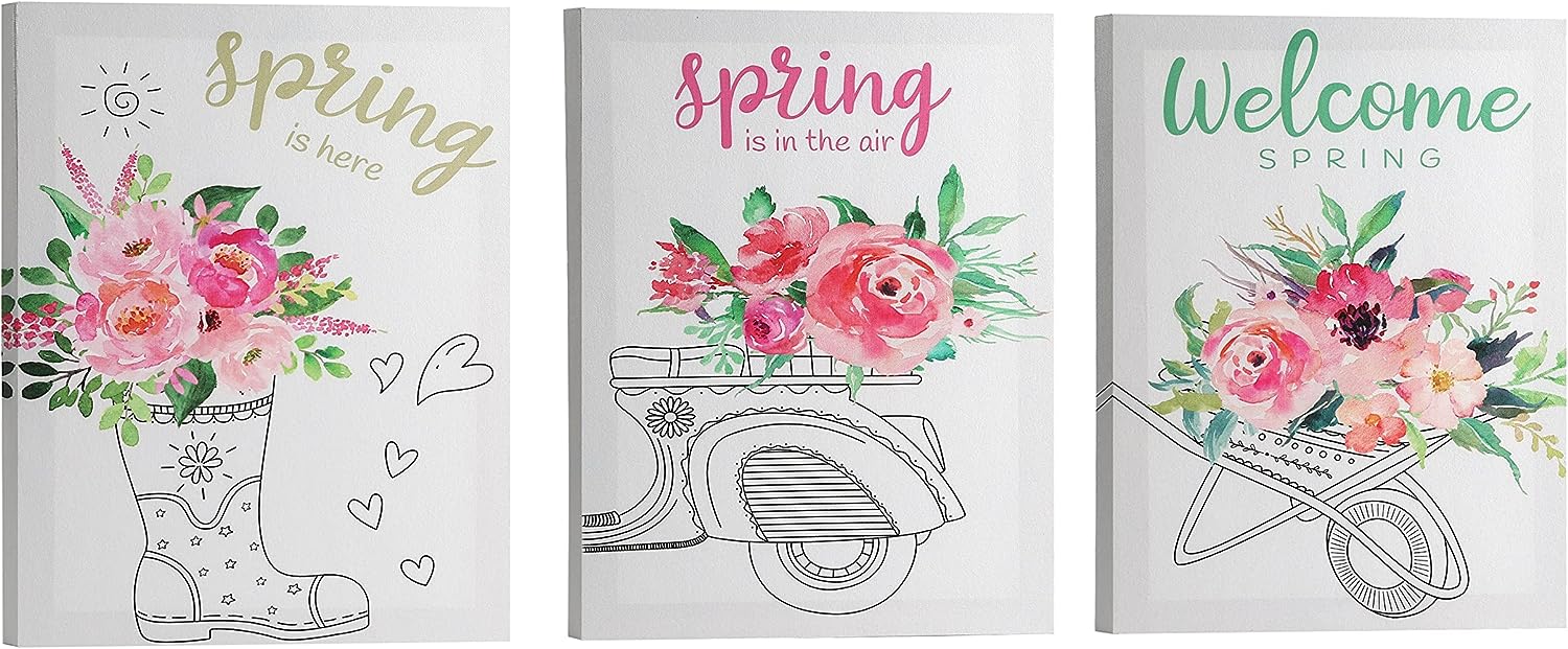 Flowers Wall Art Canvas Set of 3, Spring Florals Picture Artwork Modern Wildflowers Painting Red-Green Framed Wall Art Ready to Hang for Living Room Bedroom Kitchen Office12 inch x16 inch