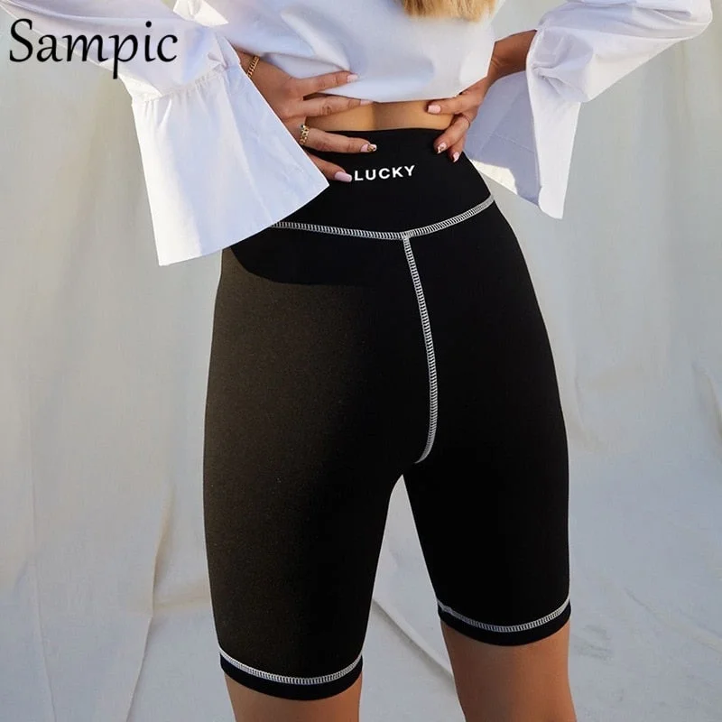 Sampic Casual Summer Black Sport Skinny Bodycon Mini High Waisted Shorts Women Sexy Print Letters Cycling Fitness Shorts 2021