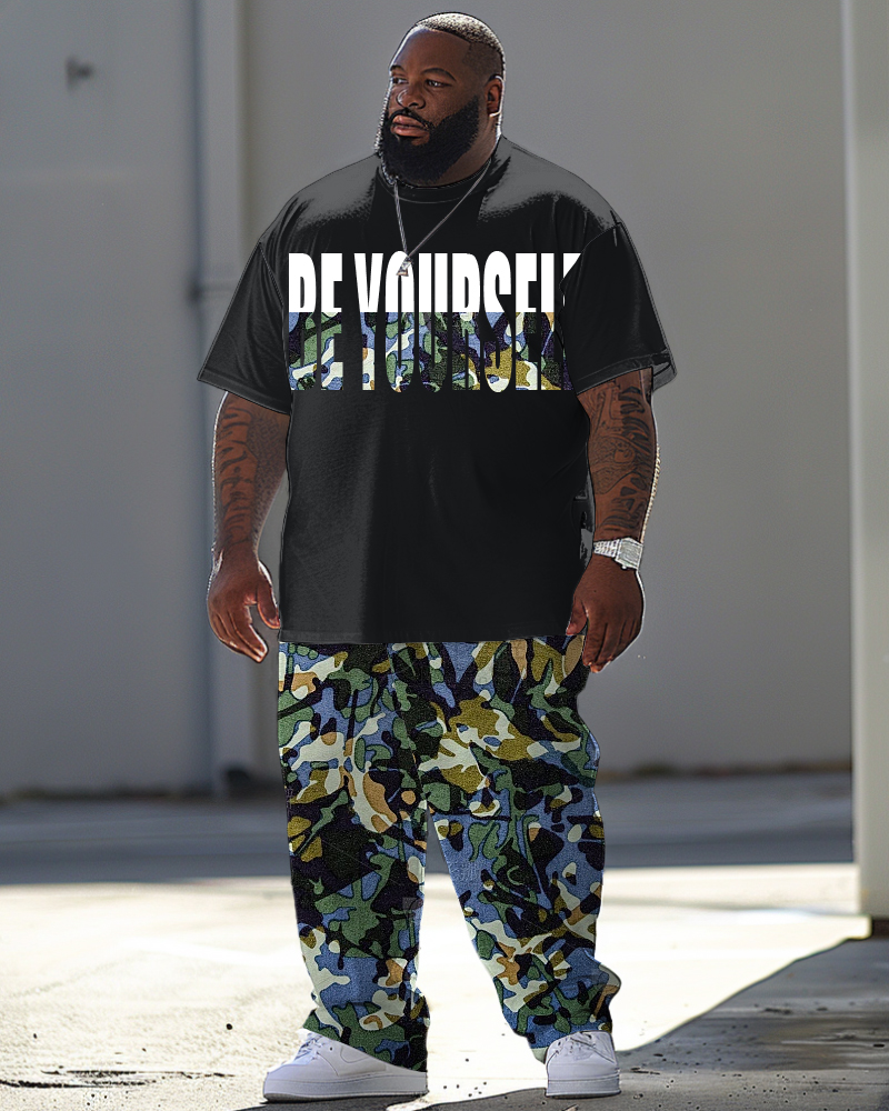 Men's Large Casual Camouflage Print T-Shirt Pants Suit